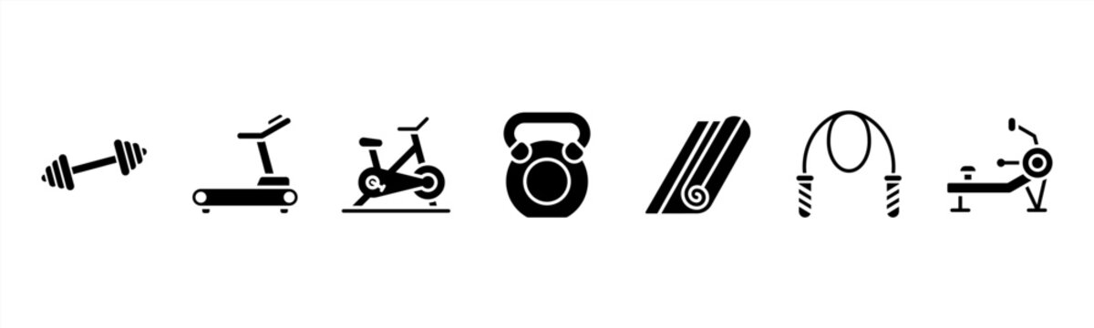 Fitness Equipment set featuring Dumbbell, Treadmill, Exercise Bike, Kettlebell, Yoga Mat, Jump Rope, Rowing Machine for gym and workout visuals.