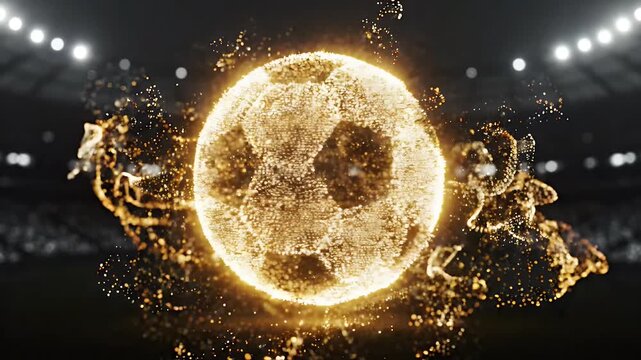 Golden Soccer Ball Particle Formation Abstract Loop - A luminous soccer ball is formed from a swirling mass of golden particles in an abstract, dynamic formation.