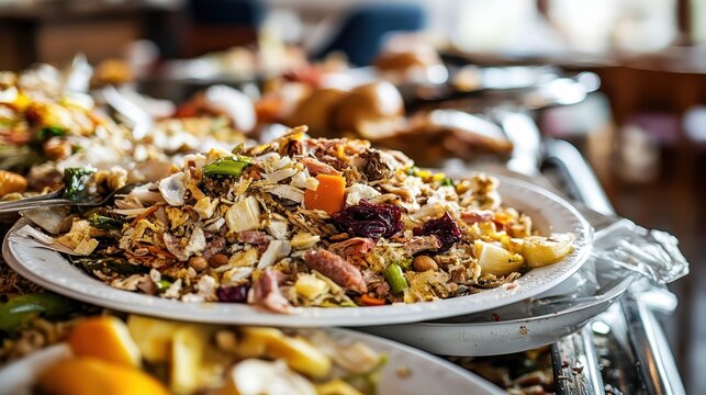 Close-up of a plate overflowing with discarded food leftovers at a restaurant buffet, highlighting extensive food waste and unconsumed portions from a plentiful meal.
