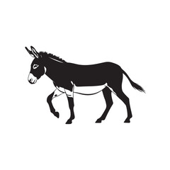 Fototapeta premium Elegant Black Donkey Silhouette Walking with Halter Rope in Side Profile Isolated on White, Perfect for Farm Animal Art, Logo, Print, Sticker and Digital Design