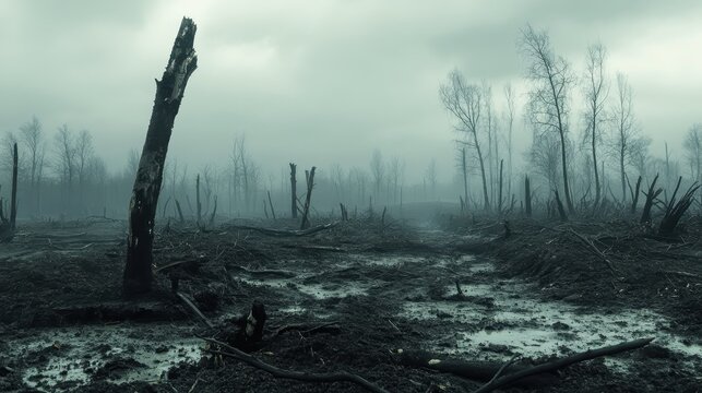 Barren desolation of a toxic chemical-contaminated farm landscape under an overcast sky