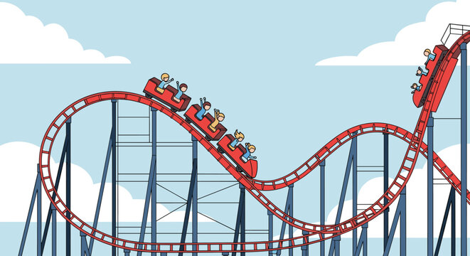 Thrilled passengers experience the exciting loops and drops of a red rollercoaster ride at an amusement park against a clear blue sky.