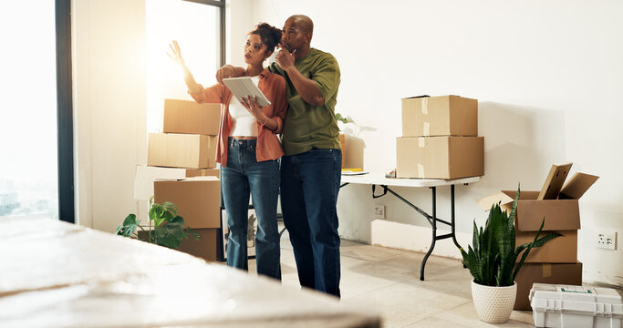 Couple, tablet and thinking in new home for remodeling, interior design and research for ideas. African people, tech and discussion in apartment with brainstorming, renovation and planning with app