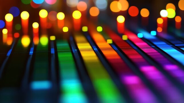 Colorful audio mixer control board illuminated with vibrant lights representing sound engineering and music production
