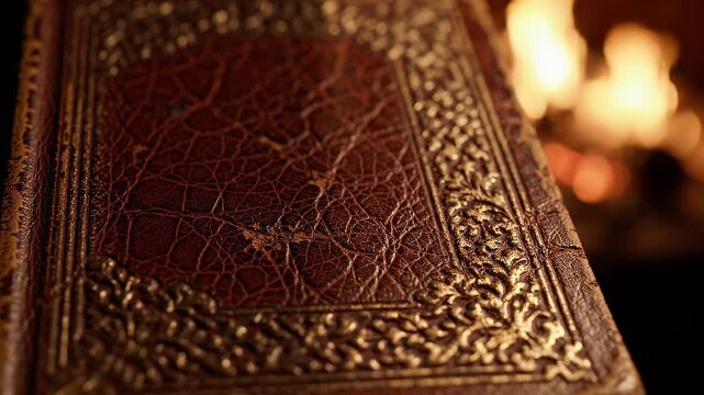 Antique Leather Book Cover Texture Background with Fireplace Glow - A close-up view of a richly textured antique leather book cover, featuring embossed golden decorative elements.