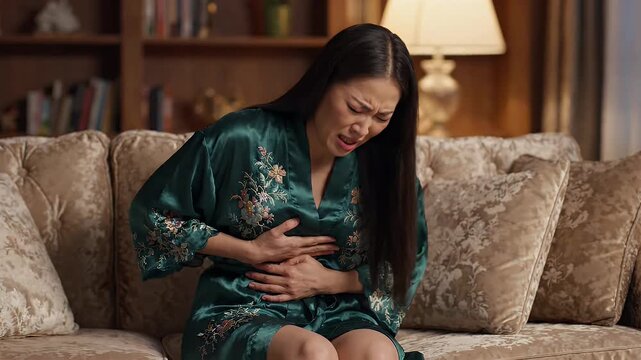 Asian Woman Suffering Stomach Pain on Sofa - A woman wearing a green silk robe sits on a sofa, clutching her stomach in apparent pain.