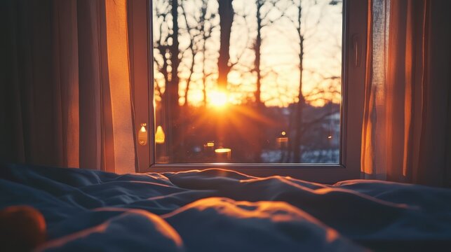 Cozy bedroom interior with a scenic sunrise view through the window illuminating warm bedding