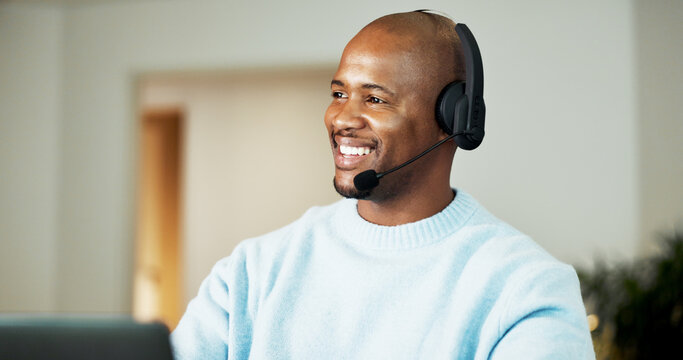 Consultant, home and black man with headset for online communication, remote work or helpful advice. Friendly, male person or freelance agent with smile, mic or laptop for virtual assistance in house