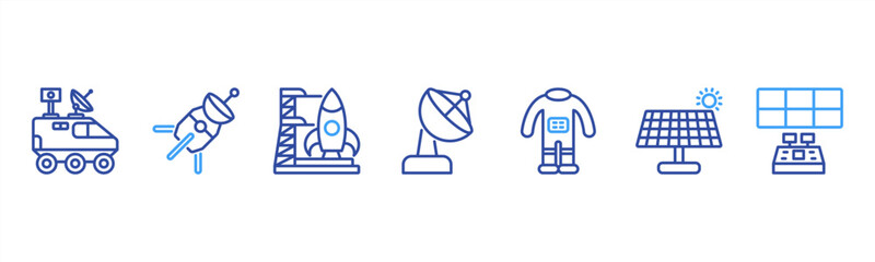 Space Technology set featuring Rover, Space Probe, Launch Pad, Satellite Dish, Space Suit, Solar Panel, Control Center for space engineering visuals. © Dewi Sari