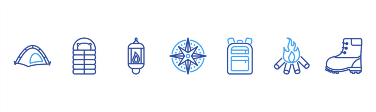 Camping Gear set featuring Tent, Sleeping Bag, Lantern, Compass, Backpack, Campfire, Hiking Boots for outdoor adventure visuals.