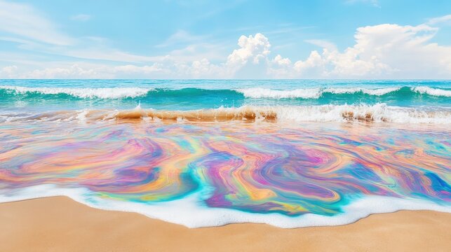 Iridescent oil slick patterns swirl across polluted ocean water near a sandy beach under a bright sky