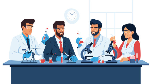 Professional team of scientists in white lab coats work together in a laboratory conducting research and experiments with chemicals.