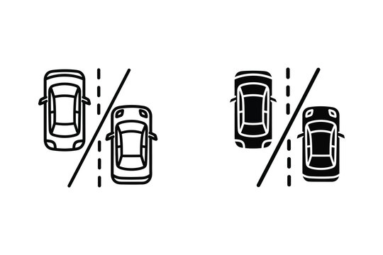 Two cars on road, line art vector illustration