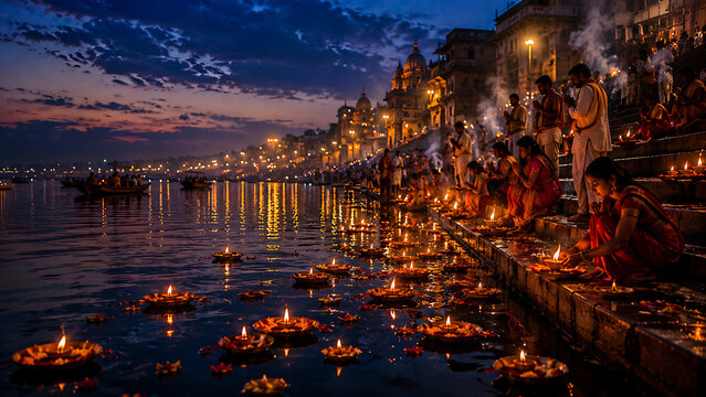 Breathtaking twilight view of illuminated ghats glowing with thousands of floating lamps placed faithfully during the massive ganga dussehra gathering and evening ganga puja ceremonies