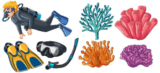 Scuba Diver and Underwater Marine Life Elements Vector Illustration Set © GraphicsRF