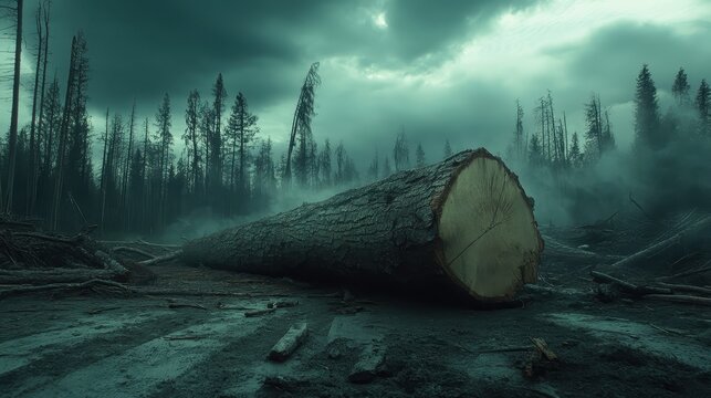 Massive felled tree lies in a devastated forest clearing under a stormy sky, illustrating the stark reality of deforestation and its environmental consequences.
