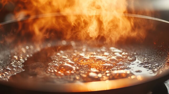Intense steam rises from bubbling liquid in a hot cooking pot with warm kitchen lighting