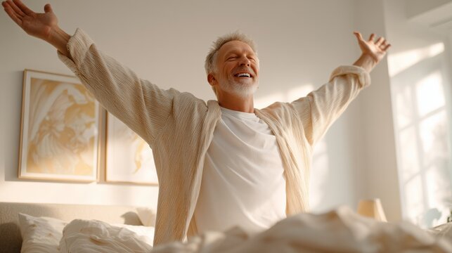 Senior man feeling happy and refreshed stretching his arms after good night's sleep