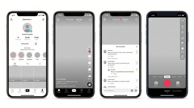 Social media application interface on smartphone. TikTok, Instagram Reels, Youtube Shorts mockup template. Mobile UI UX design with user profile, video feed, comments section and camera record screen.
