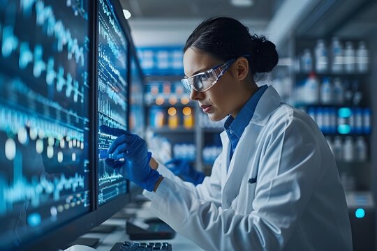 A female scientist analyzes complex data on multiple computer screens in a modern laboratory setting.