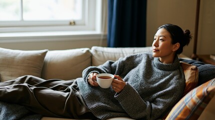 Obraz premium Relaxing woman enjoys coffee at home indoor lifestyle cozy environment calm viewpoint
