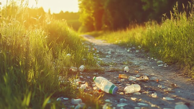 Plastic waste and debris scattered along a sunny rural dirt path, highlighting environmental pollution.