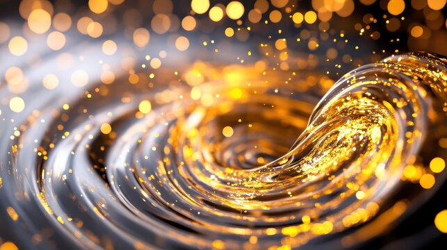 Molten gold liquid swirling with bright particles, creating a dynamic and luxurious abstract flow, ideal for luxury branding.