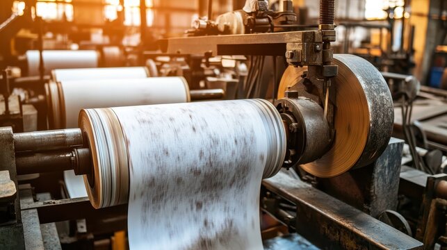 Industrial printing press with paper roll, detailed textures, and studio lighting in a manufacturing facility.