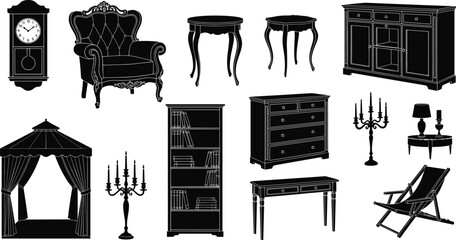 Vintage Furniture and Home Decor Silhouette Collection Vector Set © Mim