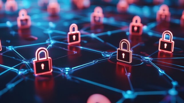 Secure Digital Network with Glowing Padlocks Representing Encrypted VPN Tunnels and Data Protection