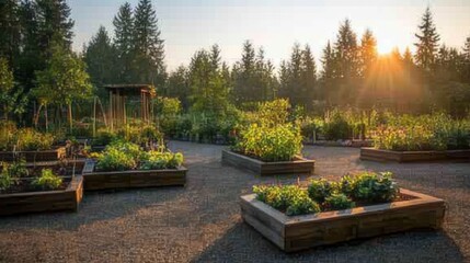 Obraz premium Lush community garden with raised beds of fresh vegetables bathed in soft morning sunlight amidst trees
