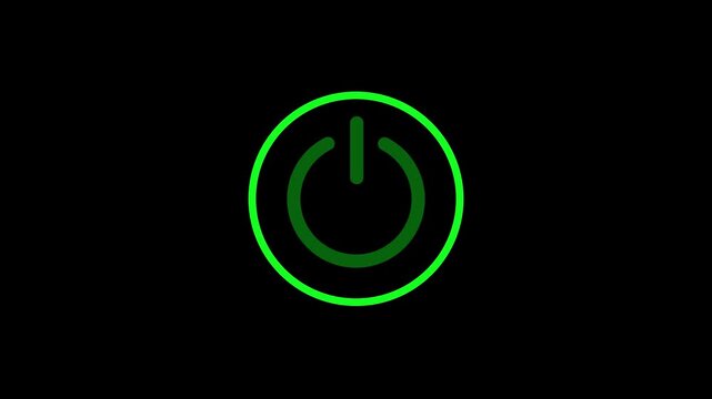 Green power reset button sign animation. power button icon animated on a black background.4k animation video.
