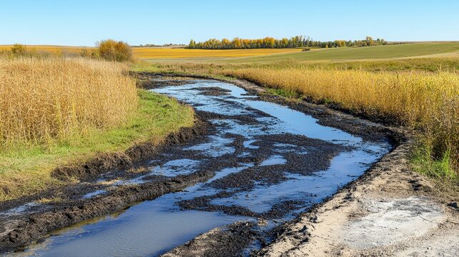 Polluted Agricultural Runoff Contaminates Waterway Amidst Crops Under Clear Sky