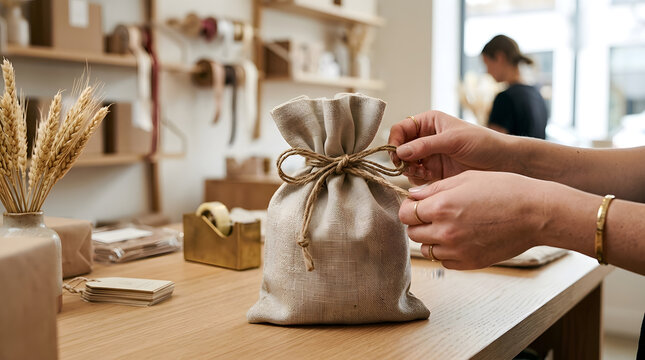Woman tying a burlap gift bag with twine in a boutique shop