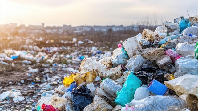Mountains of colorful plastic waste piled high in a sprawling outdoor landfill, showcasing the pervasive issue of global pollution.