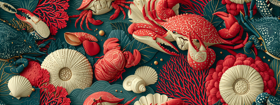 2.5D Crab Collection Seamless Pattern