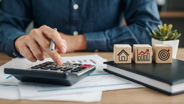 A man uses a calculator with wooden financial blocks and documents on a desk.