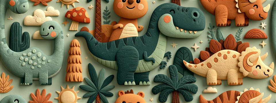 2.5D Dinosaur Collection Seamless Pattern