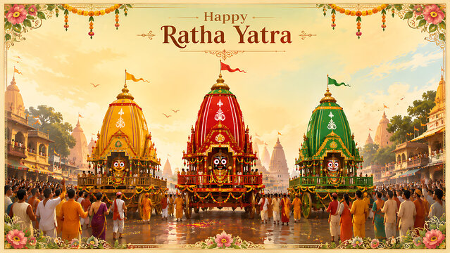 Beautiful festive illustration of three decorated wooden chariots surrounded by worshippers celebrating the grand ratha yatra and joyful jagannath ratha yatra puja traditional holiday procession