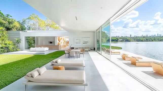 Modern lakeside villa with outdoor seating and city skyline