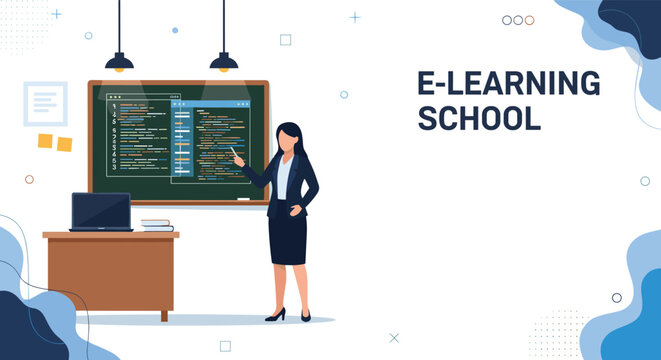 Professional female teacher stands at a blackboard with digital code to teach computer science in a modern e-learning school environment.