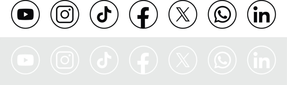 Social media icons set in minimalist black and white outline circle buttons