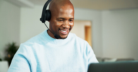 Obraz premium Laptop, headphones and black man in home for call center, crm or customer service with remote work. Mic, computer and African technical support agent with online consultation for advisory in house.