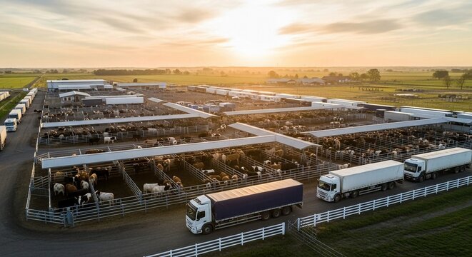 Aerial view of a large cattle market and livestock pens during sunrise with transport trucks, showcasing agricultural operations and logistics.