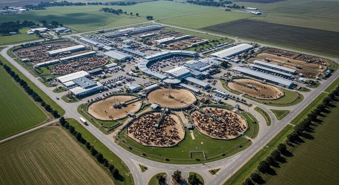 Aerial view of a large livestock auction facility with numerous cattle in pens and surrounding agricultural fields, showcasing a bustling market.