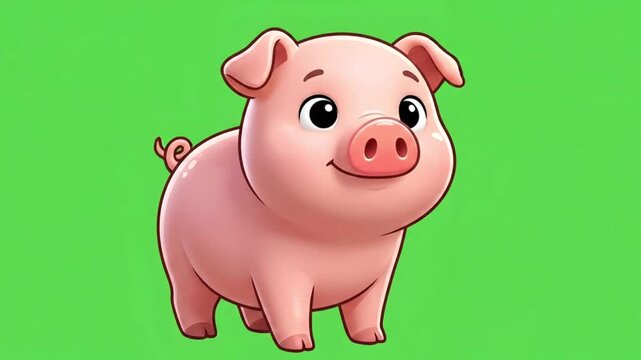 Cute Cartoon Pig Character Animated on Green Screen Background with Smooth Idle Motion for Chroma Key Video Production