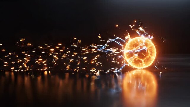 Glowing Energy Ball with Sparks on Reflective Surface - A radiant, crackling energy ball resembling a football glows intensely against a dark background.