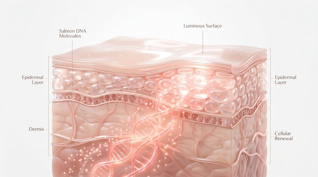 macro view of luminous healthy skin surface with glowing salmon DNA emerging from beneath the skin layers