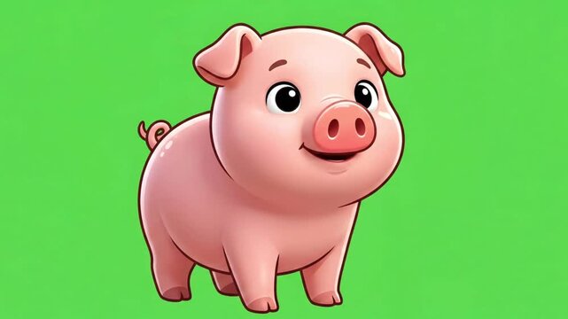 Cute Cartoon Pig Character Animated on Green Screen Background with Smooth Idle Motion for Chroma Key Video Production