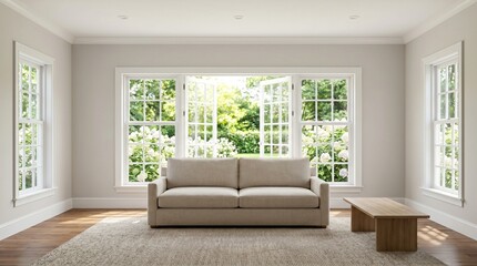 Fototapeta premium Bright Luxury Living Room Interior with Vaulted Ceiling Beams, Fireplace and Open Doors to Garden 